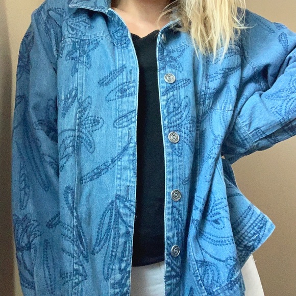 Vintage Jackets & Blazers - Vintage denim floral embroidered button up jacket